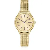 HUGO #Glossy lichtgoudkleurig stalen horloge met kristallen uuraanduidingen