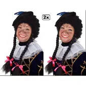 Thema party 2x Pruik Piet krul zwart met 2 vlechten