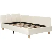 MODFU – Eenpersoonsbed – 90x200 cm – Gestoffeerd Hoofdbord – Zijleuningen – Fluweel – Beige
