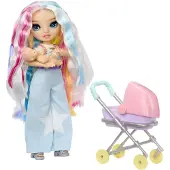 Rainbow High Junior High Jr. High Bestie Babysitters – Amaya Raine (regenboog) - Modepop 23 cm met baby, fles en kinderwagen - Vanaf 4 jaar