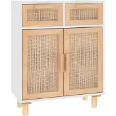 vidaXL Dressoir, wit, 60x30x75 cm, massief grenenhout en natuurlijk riet