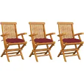 vidaXL Klapstoelen met wijnrode kussens, 3-delig, massief teak hout