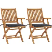 vidaXL Klapstoelen, 2 stuks, met antracietkleurige kussens, gemaakt van massief teakhout