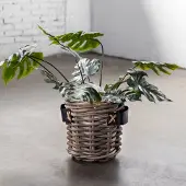 Het Mandenhuys Bloempot Grijs met Leren Handvat - Rotan - 35x35x35cm