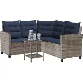 vidaXL Tuinset met L-vormige bank, tafel en kussens, grijs, polyrotan