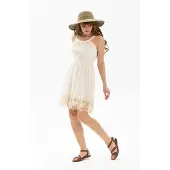 Turkishsouq Mouwloze gebreide mini-zomerjurk van Şile-stof in crèmekleur.