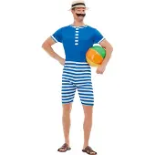 Smiffys - 20s Bathing Suit Kostuum - L - Blauw/Wit
