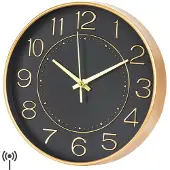 Unyqoos Stijlvolle en geruisloze wandklok met automatische tijdsinstelling, zwart-goud, 25 cm