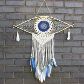 Ancient Wisdom Bescherming Dromenvanger - Grote Macramé Oog Wit/Blauw/Grijs