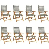 vidaXL 8-delige set verstelbare klapstoelen, grijs polyrotan en massief hout
