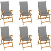 vidaXL Klapstoelen, set van 6 met grijze kussens, gemaakt van massief teakhout