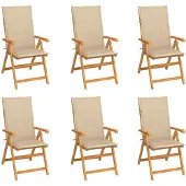 vidaXL Klapstoelen, set van 6, met beige kussens, gemaakt van massief teakhout