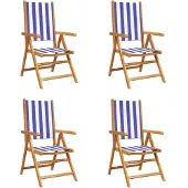 vidaXL 4-delige set verstelbare klapstoelen, met blauw-witte stoffen bekleding en massief houten frame