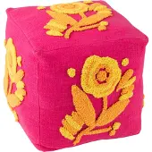 J-Line poef Vierkant Bloem - katoen - roze/oranje/geel
