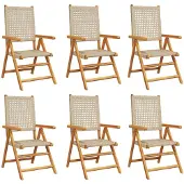 vidaXL 6-delige set verstelbare klapstoelen, beige kleur, gemaakt van polyrotan en massief hout