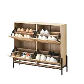 Happiq Schoenenkast - Rattan Opbergkast met 4 Kantellades, Vrijstaand Schoenenrek - Hout