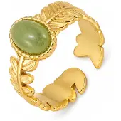 Deja Jewels Goudkleurige Verstelbare Damesring met Groene Steen en Bladmotief