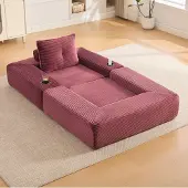 MODFU Relax fauteuil met rugkussen, zijvakken en bekerhouders, 1-persoons corduroy sofa, modulaire sofa met afneembare armleuningen, geschikt als slaapbank, wijnrood