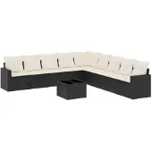vidaXL 10-delige Loungeset met kussens poly rattan zwart