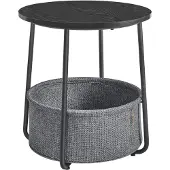 Vasagle Ronde bijzettafel met stoffen mand, Ebbenhout Zwart + Leigrijs