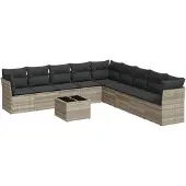 vidaXL 10-delige tuinmeubelset met sofa en kussens, lichtgrijs, polyrotan