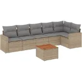 vidaXL 7-delige tuinmeubelset met kussens, beige, van polyrotan