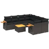 vidaXL 9-delige tuinmeubelset met kussens, zwart, polyrotan