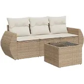 vidaXL 4-delige tuinmeubelset met kussens, beige, polyrotan