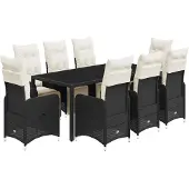 vidaXL 9-delige tuin-bistroset met kussens, zwart, polyrotan