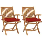 vidaXL Inklapbare stoelen 2 st met rode kussens massief teakhout