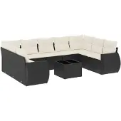 vidaXL 10-delige Loungeset met kussens poly rattan zwart