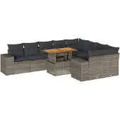 vidaXL 10-delige loungeset voor de tuin met kussens, grijs, polyrotan, acaciahout