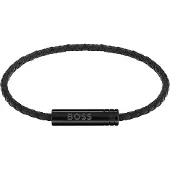 BOSS Gevlochten armband van zwart leer met logoplaatje