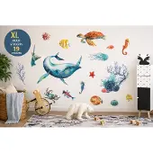 Evora XL Muurstickers Oceaan – Walvis, Zeeschildpad & Zeedieren – 19 Herpositioneerbare Muurstickers – Kinderkamer