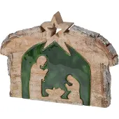 J-Line Kerststal met schors - mangohout - naturel/donkergroen - large