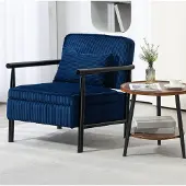 MODFU Fauteuil-Blauw-Velvet-Metalen Armleuningen-Lendenkussen-Gestreept