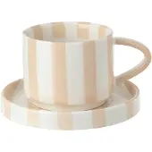 J-Line kopje + schoteltje Gestreept - steengoed - lichtbeige/wit - 4 stuks