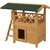 PawHut kattenhuis met bitumen dak, 2 verdiepingen, kattenhut met balkon en trap