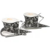 Queen Isabell Luxe Driehoekige Koffiekopjes met Schotels, Zwart Rozenmotief, 2 Stuks