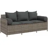 vidaXL Tuinbank met kussens, 3-zits, grijs, polyrotan