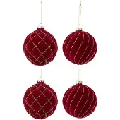 J-Line kerstbal Lijnen/Geruit - fluweel - rood/goud - doos van 4