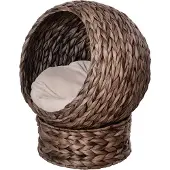 Aosom Waterhyacint kattenmand met kussen, kattenbed, huisdierbed, 50 cm x 42 cm x 60 cm, bruin+beige