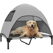 PawHut hondenbed voor buiten, met dak, verhoogd stalen frame, 91x76x90 cm, lichtgrijs