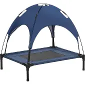 PawHut huisdierbed met luifel, verhoogd hondenbed, buiten gebruik, donkerblauw