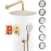 Vevor Doucheset, regendouche systeem voor de badkamer. Doucheset met een ronde regendouchekop van 254 mm en een handdouche, wandmontage badkamerkraan met messingventiel en sierstukken, geborsteld goud