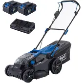 Scheppach accu-grasmaaier BC-MP430-X inclusief 2x 4Ah accu's + 4,5A dubbele oplader | 2x 20 V (40 V) accucapaciteit | Snijhoogte instelbaar in 6 standen van 25 – 75 mm