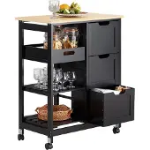 SoBuy FKW79-SCH Keukenwagen met wielen, serveerwagen met 2 verwijderbare plateaus en 1 dienblad, bijzettafel, rollende trolley voor keuken, woonkamer, zwart