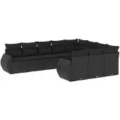 vidaXL 10-delige Loungeset met kussens poly rattan zwart