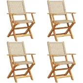 vidaXL Opklapbare stoelen, 4 stuks, beige, van polyrotan en massief hout.