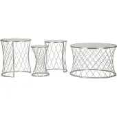 Mauro Ferretti Set van 4 Noah zilverkleurige salontafels – Salontafels van zilverkleurig metaal en gehard glas, met een diamantmotief, in een glamoureuze stijl – 940